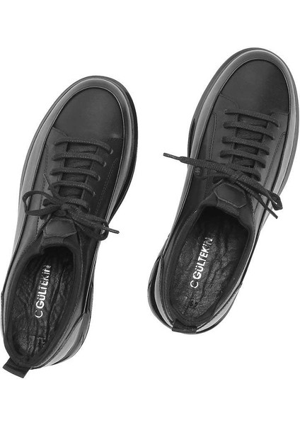 Erkek Siyah Bağcıklı Kalın Tabanlı Deri Sneaker