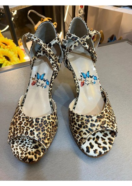 Kadın Leoparince Topuklu, Çapraz Tokalı 8,5 cm 13 Pont Topuk Boyu Tango, Dans ve Abiye Ayakkabısı