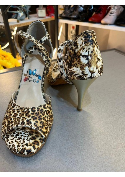 Kadın Leoparince Topuklu, Çapraz Tokalı 8,5 cm 13 Pont Topuk Boyu Tango, Dans ve Abiye Ayakkabısı
