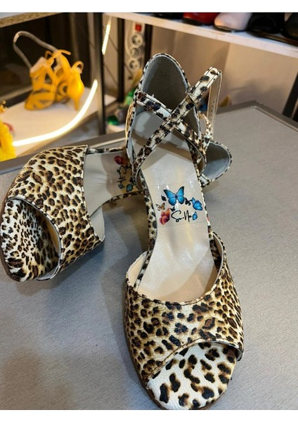 Kadın Leoparince Topuklu, Çapraz Tokalı 8,5 cm 13 Pont Topuk Boyu Tango, Dans ve Abiye Ayakkabısı
