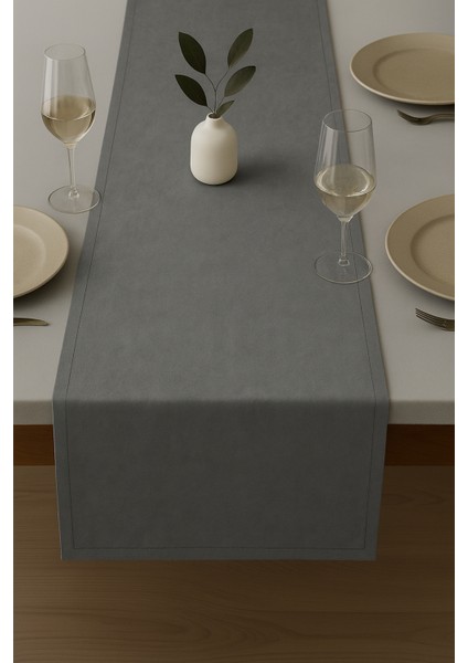 De'vor Kadife Görünümlü Gri Masa Runnerı