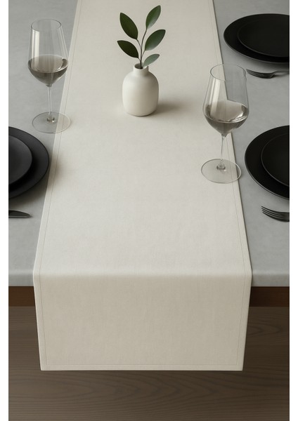 De'vor Kadife Görünümlü Ekru Masa Runnerı