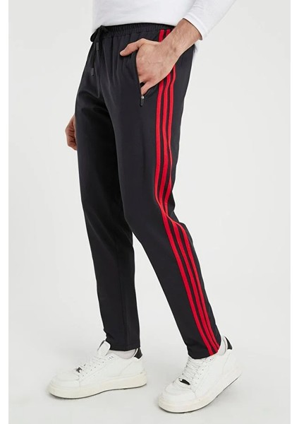 Erkek Kırmızı Şeritli Siyah Eşofman Altı Paça Düz Dalgıç Kumaş AS-129