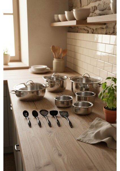 Kayra 17 Parça Servis Gereçli Çelik Tencere Seti