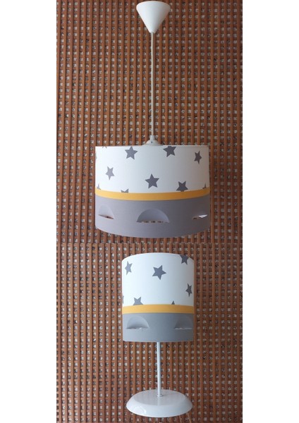 Beyaz Yıldızlı Gri Sarı 2.li Set M-755 Kumaş Kaplama Genç ve Çocuk Odası Avize ve Abajur Takımı