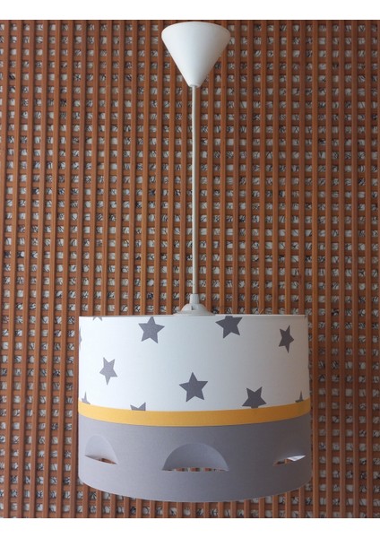 Beyaz Yıldızlı Gri Sarı 2.li Set M-755 Kumaş Kaplama Genç ve Çocuk Odası Avize ve Abajur Takımı fiyatları