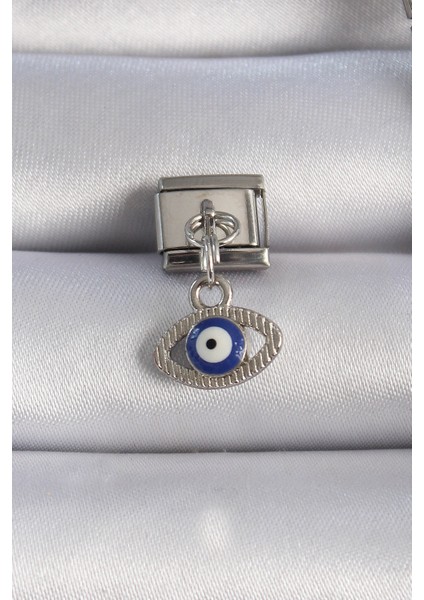 316L Çelik Gümüş Renk Sallantılı Göz Figür Nazar Boncuk Detay Nomination Charm - TJ-BC1044