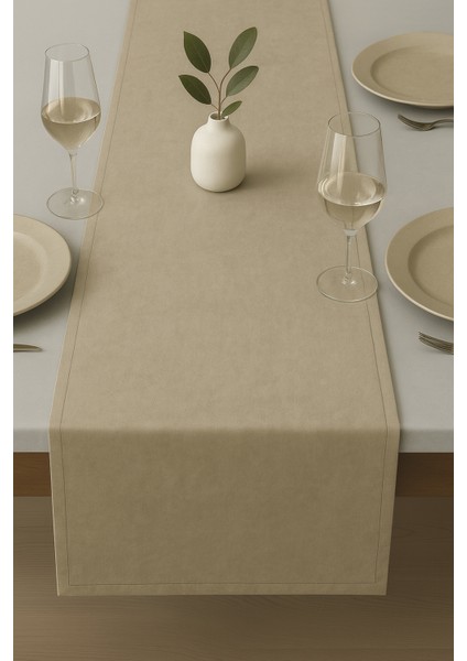 De'vor Kadife Görünümlü Bej Masa Runnerı