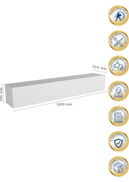 Cercei LED Li Işıklı Tv Ünitesi 180 cm -Beyaz, Modern, Şık, Geniş, Fonksiyonel Tasarım - Tv Sehpası
