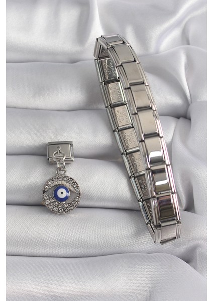 316L Çelik Gümüş Renk Sallantı Zirkon Taşlı Göz Model Nazar Boncuk Detay Nomination Charm - TJ-BC1121 modelleri