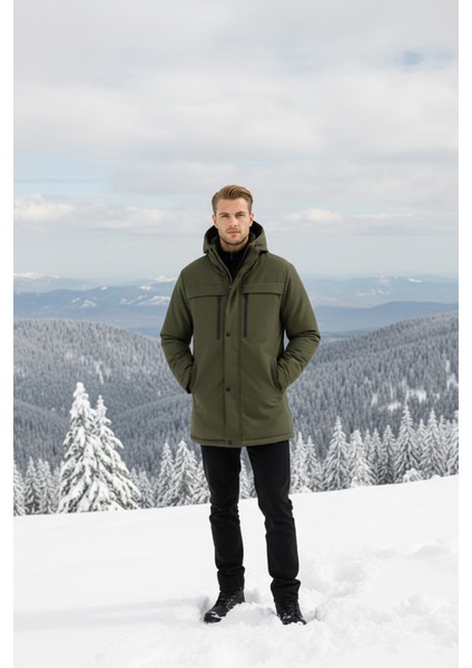 İçi Astarlı Su ve Rüzgar Geçirmez Cepli Kapüşonlu Erkek Mont