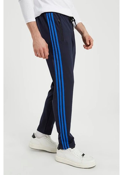 Erkek Saks Şeritli Lacivert Eşofman Altı Paça Düz Dalgıç Kumaş AS-129