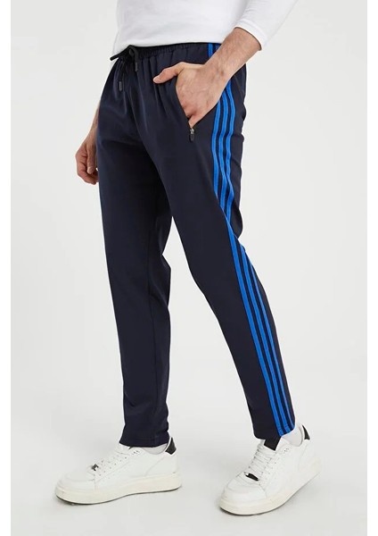 Erkek Saks Şeritli Lacivert Eşofman Altı Paça Düz Dalgıç Kumaş AS-129 fiyatları