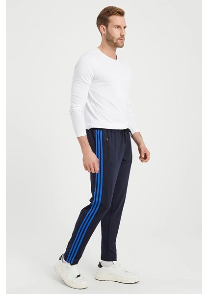 Erkek Saks Şeritli Lacivert Eşofman Altı Paça Düz Dalgıç Kumaş AS-129 modelleri