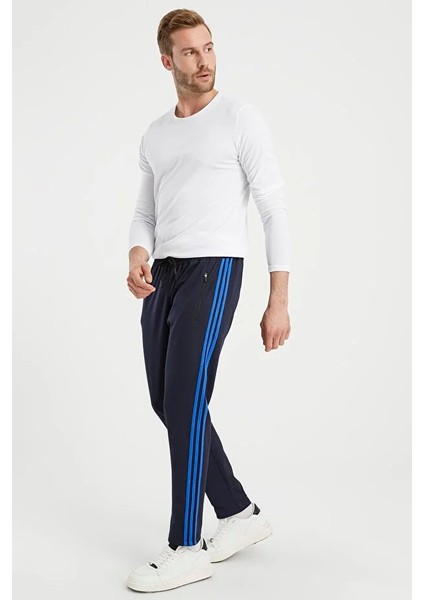 Erkek Saks Şeritli Lacivert Eşofman Altı Paça Düz Dalgıç Kumaş AS-129 fırsatları