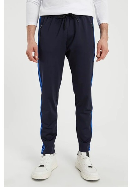 Erkek Saks Şeritli Lacivert Eşofman Altı Paça Düz Dalgıç Kumaş AS-129