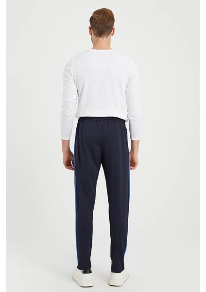 Erkek Saks Şeritli Lacivert Eşofman Altı Paça Düz Dalgıç Kumaş AS-129