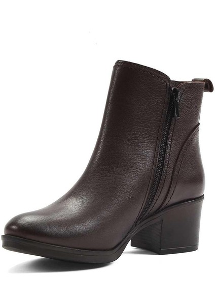 Kadın Kahverengi Çift Fermuarlı Kalın Topuklu Deri Bot modelleri