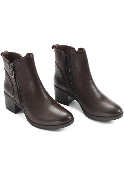 Kadın Kahverengi Çift Fermuarlı Kalın Topuklu Deri Bot