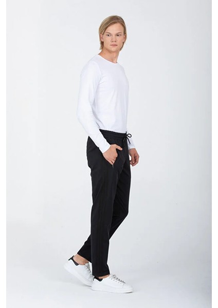 Erkek Siyah Şeritli Siyah Eşofman Altı Paça Düz Dalgıç Kumaş AS-129