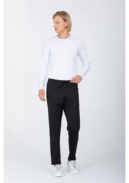 Erkek Siyah Şeritli Siyah Eşofman Altı Paça Düz Dalgıç Kumaş AS-129 modelleri