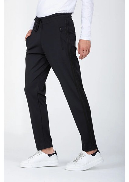 Erkek Siyah Şeritli Siyah Eşofman Altı Paça Düz Dalgıç Kumaş AS-129