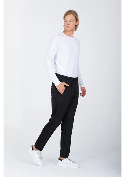 Erkek Siyah Şeritli Siyah Eşofman Altı Paça Düz Dalgıç Kumaş AS-129