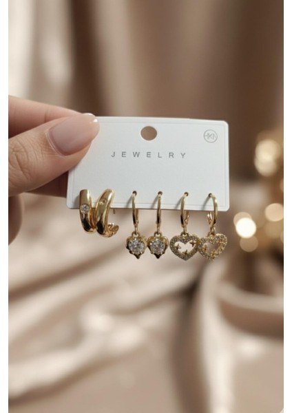 Gold Renk 6'lı Kalp Küpe Seti Clk-Kp-3lu-Set-02-Gld indirimleri