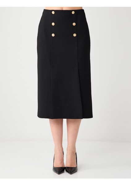 Siyah Normal Bel Düğme Detaylı Örme Midi Etek fırsatları