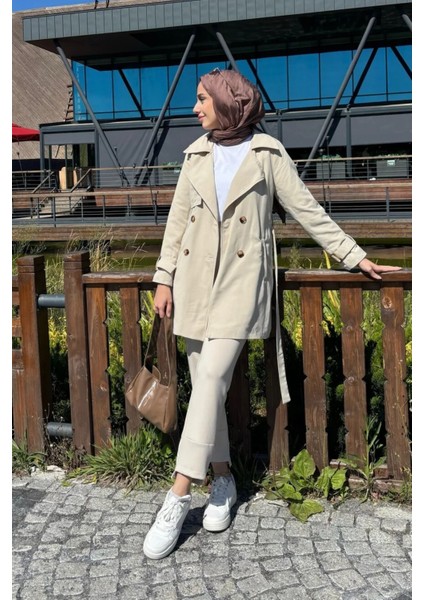 Kolu Kemer Detaylı Kısa Trençkot- Bej fiyatları