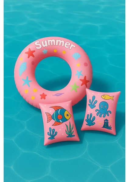 Çocuk Deniz-Havuz Seti 2’li Pembe Simit + Kolluk | 3-6 Yaş 25kg Taşıma Kapasiteli | Avantaj Kapıda