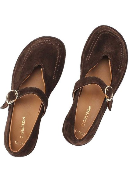 Kadın Kahverengi Tokalı Süet Deri Ayakkabı
