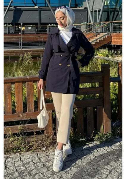 Kolu Kemer Detaylı Kısa Trençkot- Lacivert