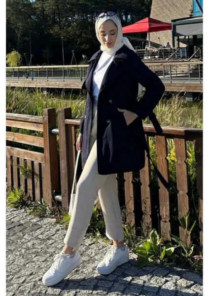 Kolu Kemer Detaylı Kısa Trençkot- Lacivert fiyatları