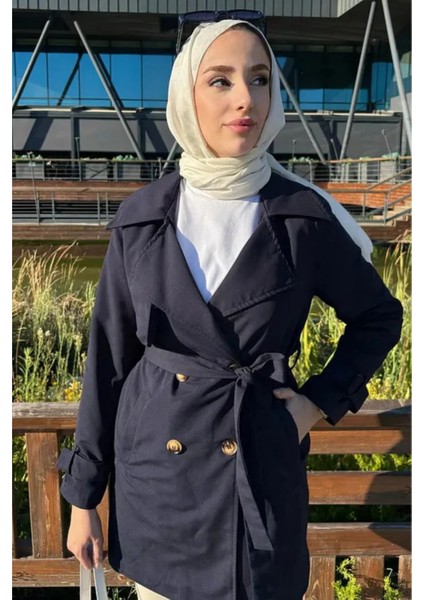 Kolu Kemer Detaylı Kısa Trençkot- Lacivert modelleri