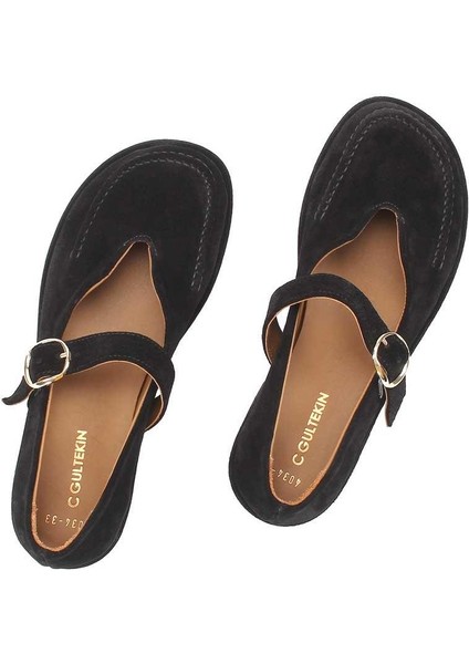 Kadın Siyah Tokalı Süet Deri Ayakkabı