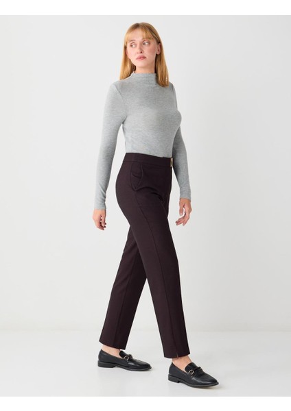 Mürdüm Dar Paça Normal Bel Metal Detaylı Dokuma Pantolon modelleri