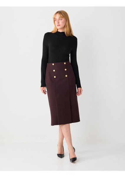 Acı Kahve Normal Bel Düğme Detaylı Örme Midi Etek