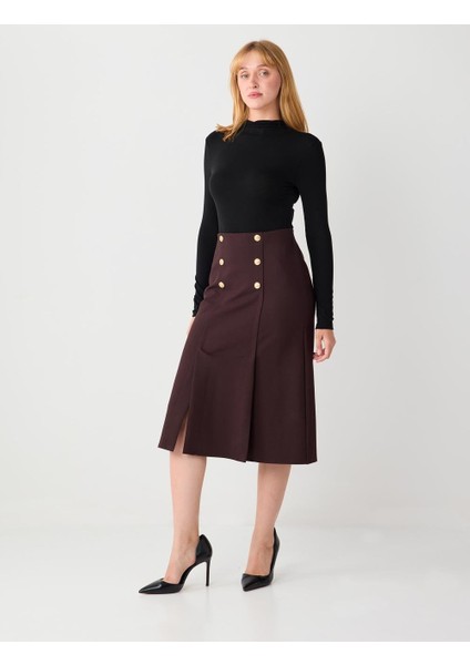 Acı Kahve Normal Bel Düğme Detaylı Örme Midi Etek fiyatları