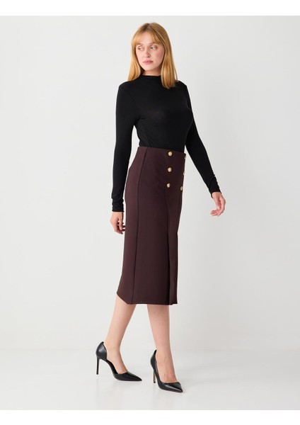 Acı Kahve Normal Bel Düğme Detaylı Örme Midi Etek modelleri