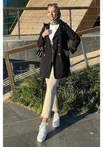 Kolu Kemer Detaylı Kısa Trençkot- Siyah