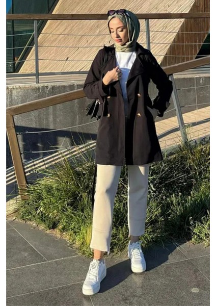 Kolu Kemer Detaylı Kısa Trençkot- Siyah fiyatları