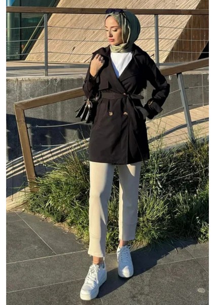 Kolu Kemer Detaylı Kısa Trençkot- Siyah modelleri