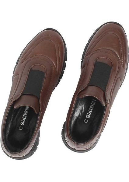 Kadın Kahverengi Lastikli Dikiş Detaylı Deri Ayakkabı