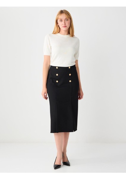 Siyah Normal Bel Düğme Detaylı Örme Midi Etek
