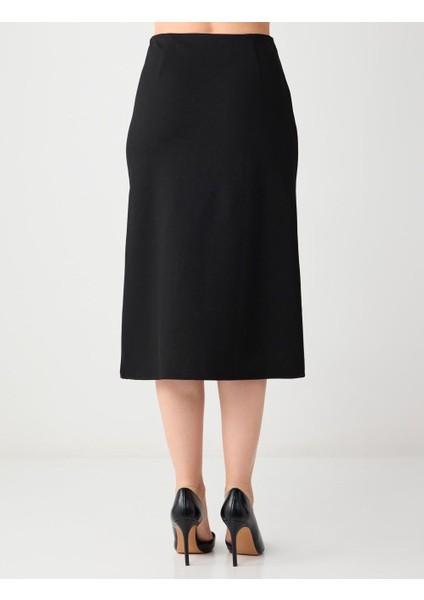 Siyah Normal Bel Düğme Detaylı Örme Midi Etek indirimleri