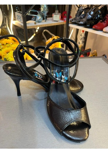 Koyu Antarsit Kırık Deri 8,5 cm 11 Pont Kelebek Model Tango, Dans ve Salon Ayakkabısı