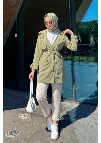 Kolu Kemer Detaylı Kısa Trençkot- Haki fiyatları