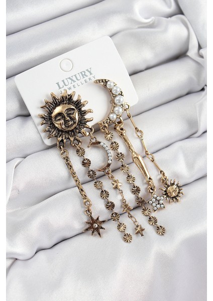 Pirinç Zirkon Taşlı Güneş Ve Ay Figürlü Eskitme Model Sallantılı Küpe