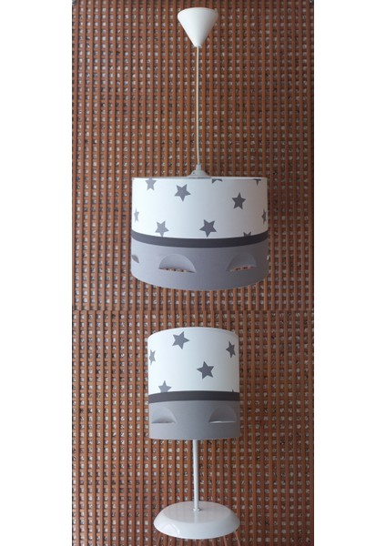 Beyaz Yıldızlı Gri Motifli 2.li Set M-756 Kumaş Kaplama Genç ve Çocuk Odası Avize ve Abajur Takımı